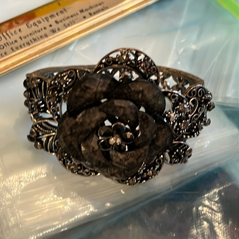 Black Rose Cuffed Bracelet , Large Statement Piece - image 1
